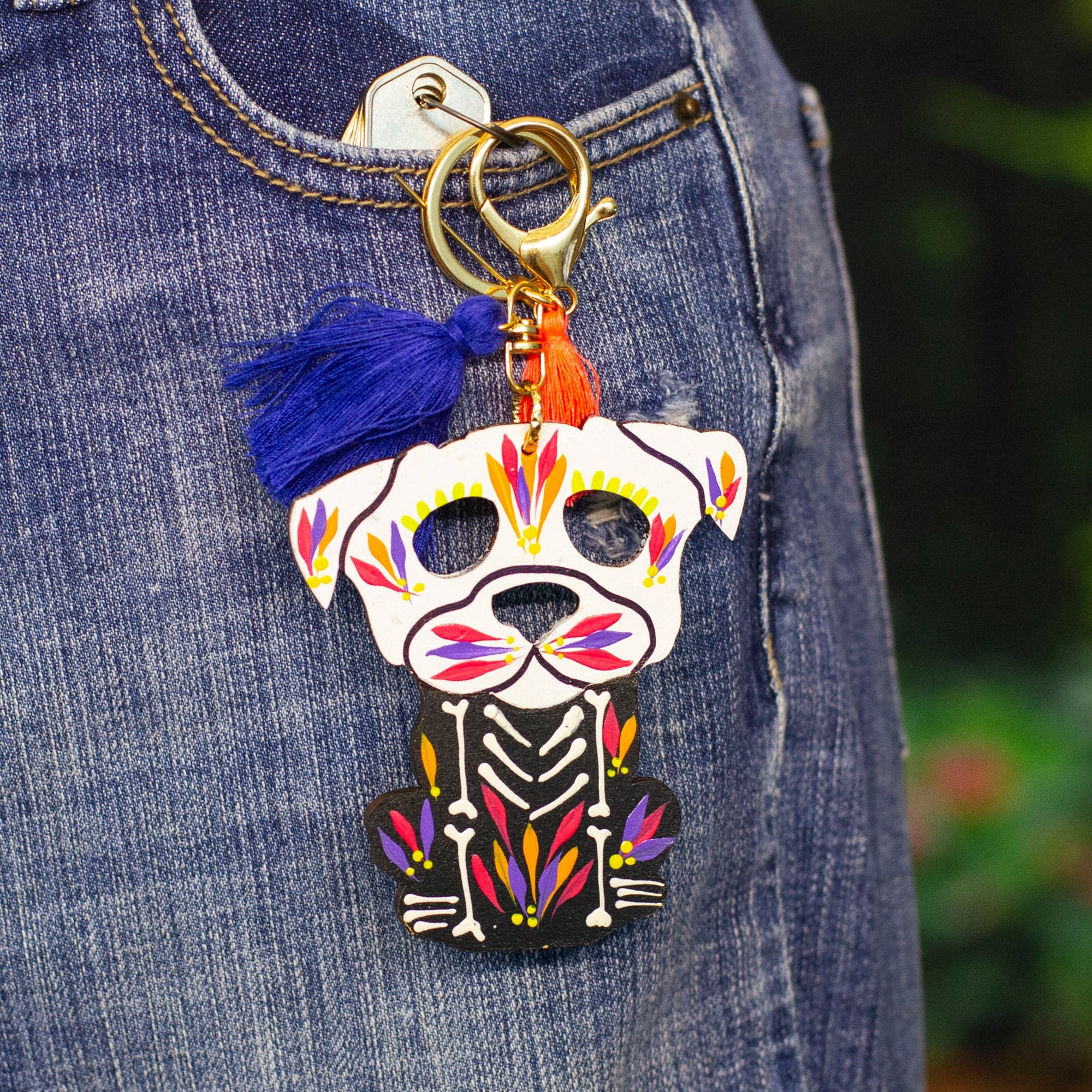 Hand-Painted Wood Day of the Dead Dog Keychain and Bag Charm - Day of the Dead Dog