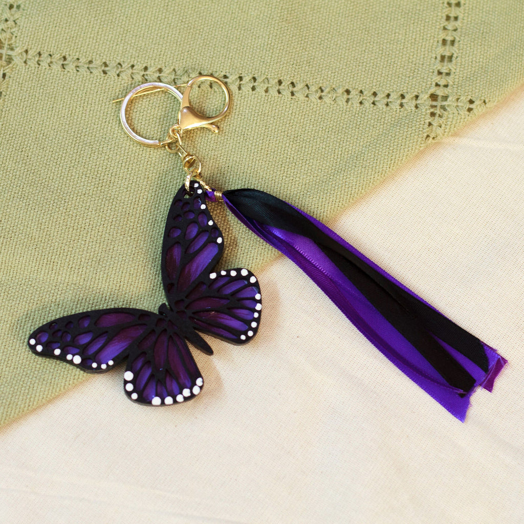 Hand-Painted Wood Butterfly Keychain and Bag Charm in Purple - Monarchs of Hope