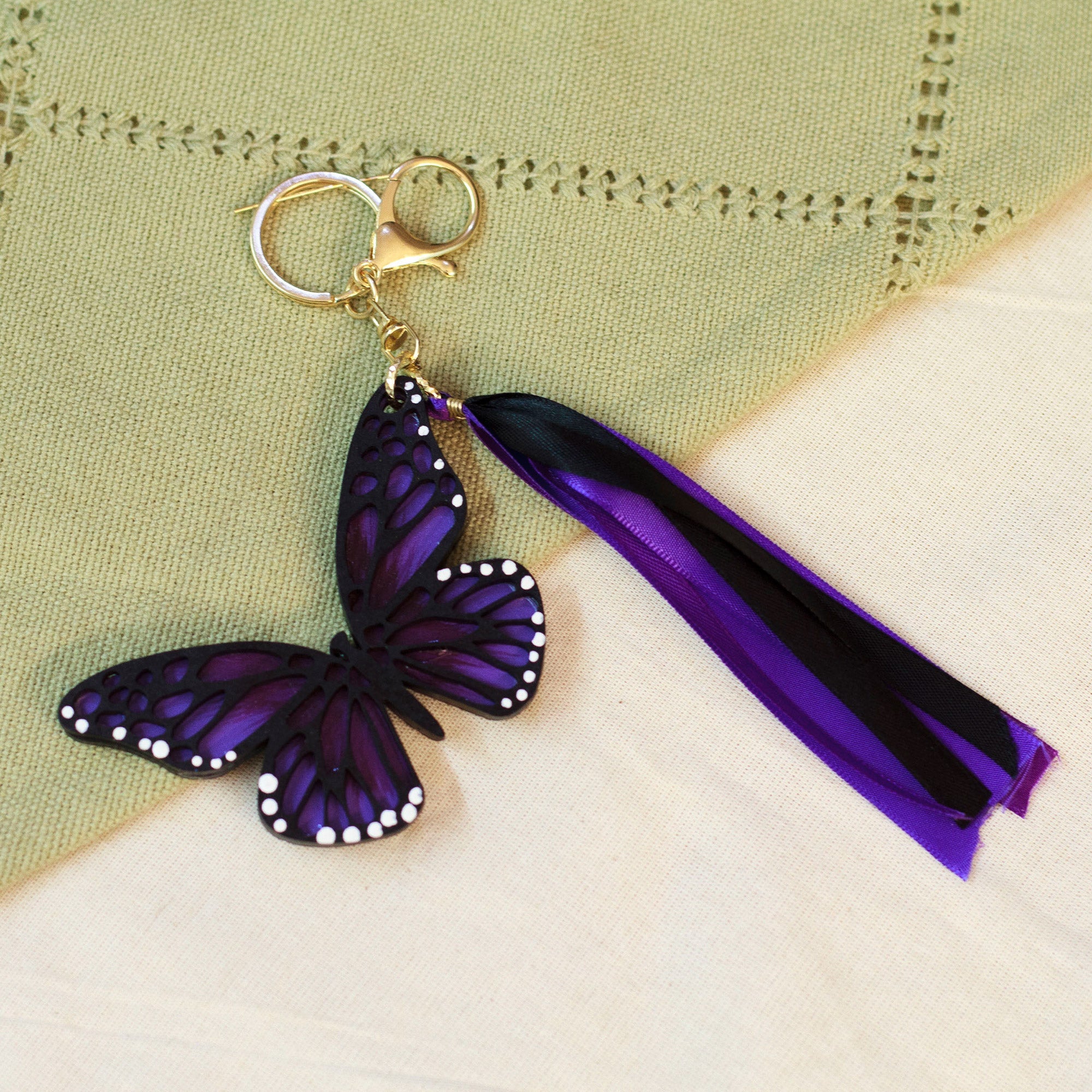 Hand-Painted Wood Butterfly Keychain and Bag Charm in Purple - Monarchs of Hope