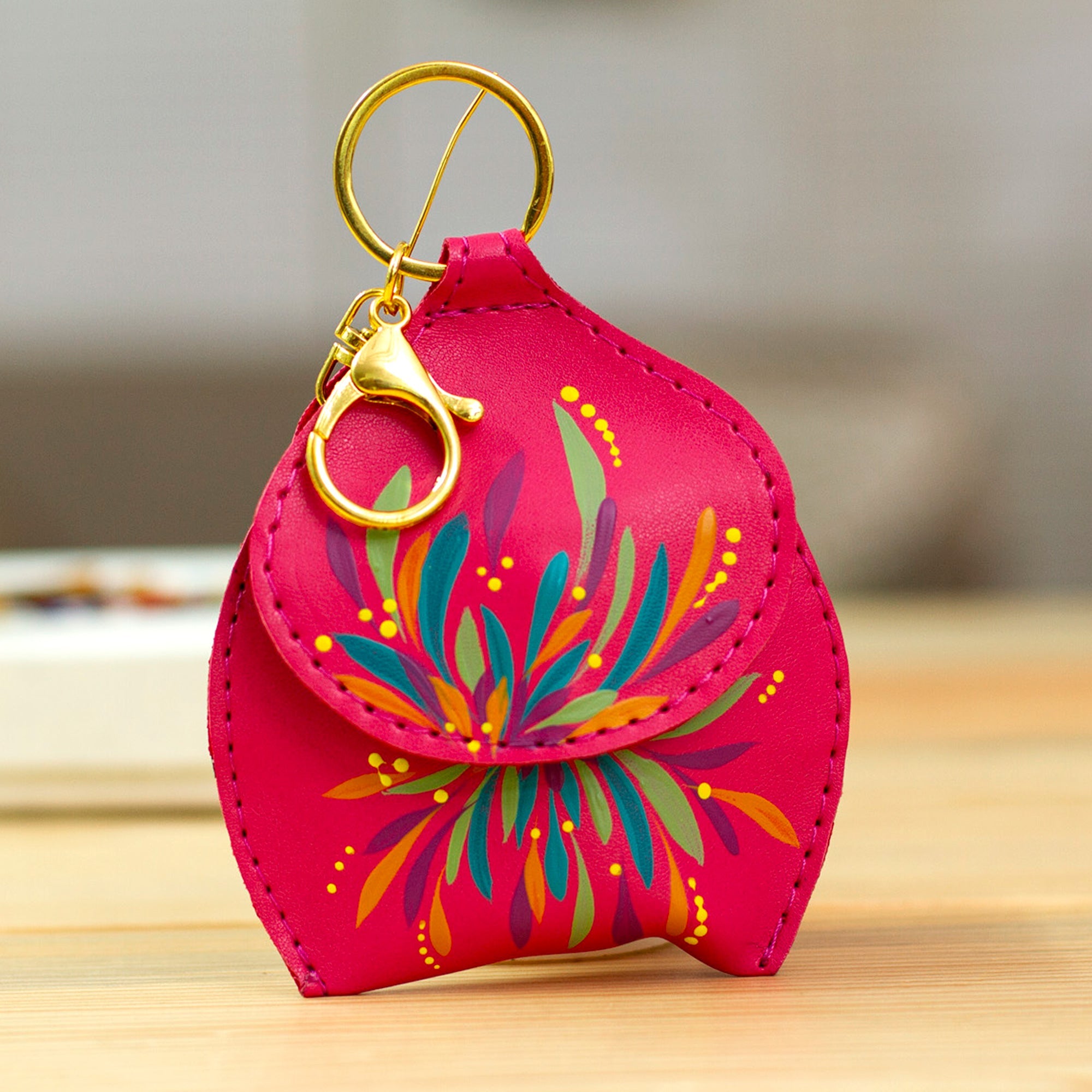 Floral Hand-Painted Fuchsia Faux Leather Coin Purse Keychain - Fuchsia Coins
