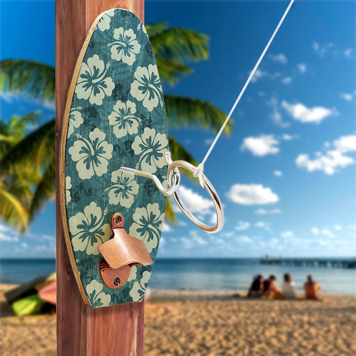 Wall Mounted Ring Toss Game with Bottle Opener - Surfboard - Blue Hibiscus