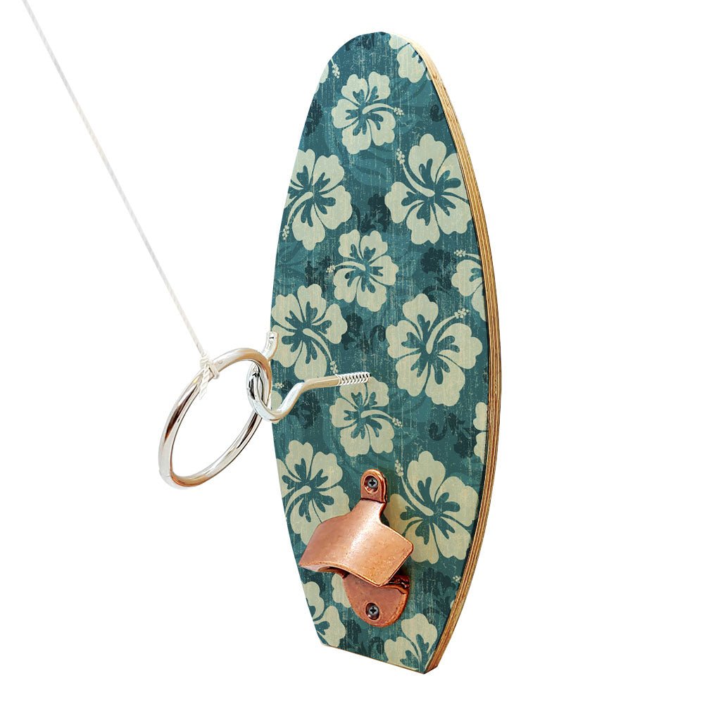 Wall Mounted Ring Toss Game with Bottle Opener - Surfboard - Blue Hibiscus